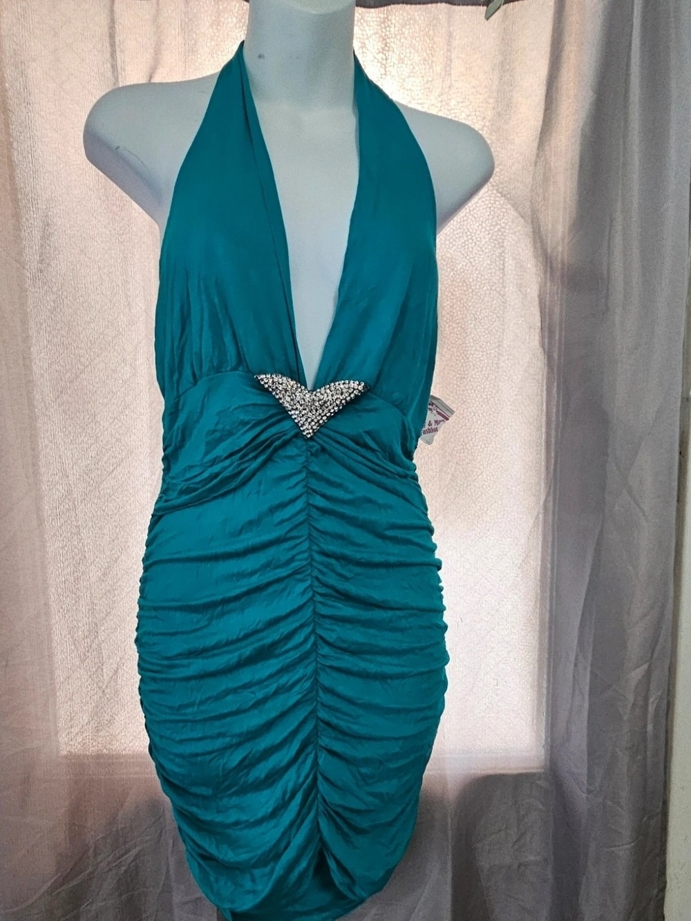 Sabora Teal Halter Ruched Mini Dress with Rhinestone Accent